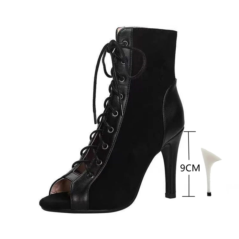 Sandalias de tacón de aguja con cordones para mujer – Botines de tacón alto con puntera abierta de 9 cm, zapatos sexy de moda de verano para fiesta y baile