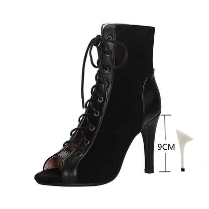Sandalias de tacón de aguja con cordones para mujer – Botines de tacón alto con puntera abierta de 9 cm, zapatos sexy de moda de verano para fiesta y baile