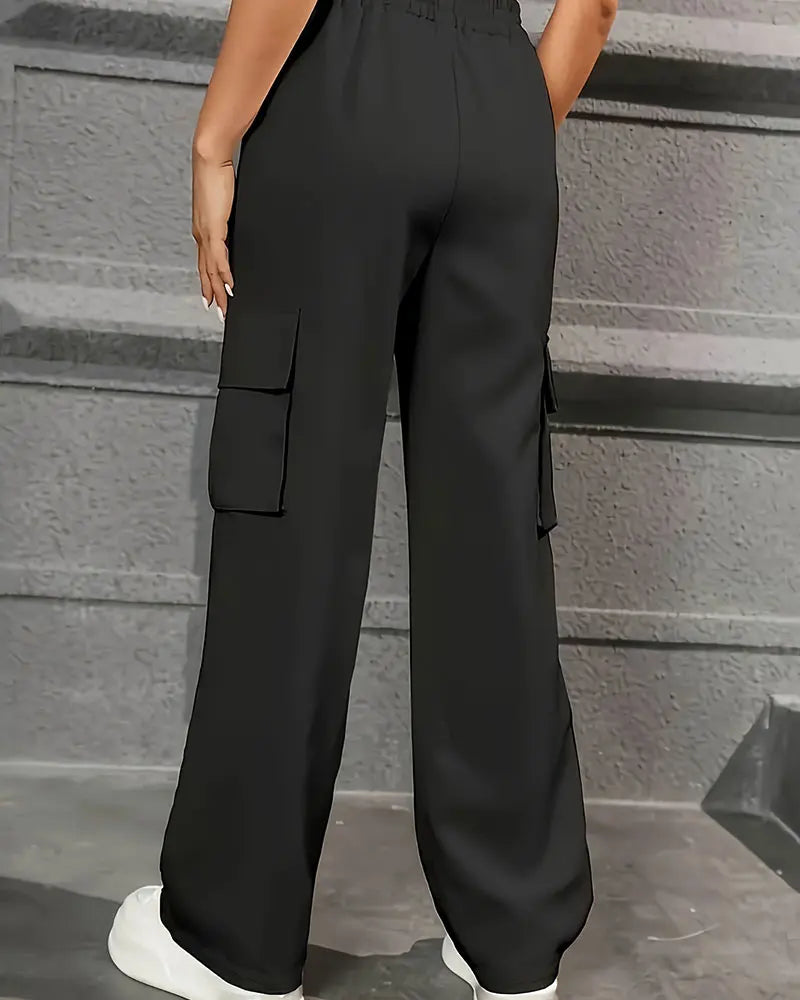 Women’s High Waist Wide Leg Workwear Pants Elastic Waist Loose Casual Solid Color Sports Pants
