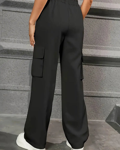 Women’s High Waist Wide Leg Workwear Pants Elastic Waist Loose Casual Solid Color Sports Pants