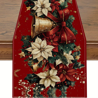 Christmas Poinsettia Table Runner – Winter Xmas Floral Tablecloth with Bells & Berry Design for Kitchen, Dining Table & Home Decor