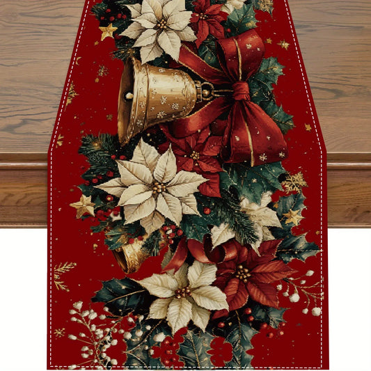 Christmas Poinsettia Table Runner – Winter Xmas Floral Tablecloth with Bells & Berry Design for Kitchen, Dining Table & Home Decor