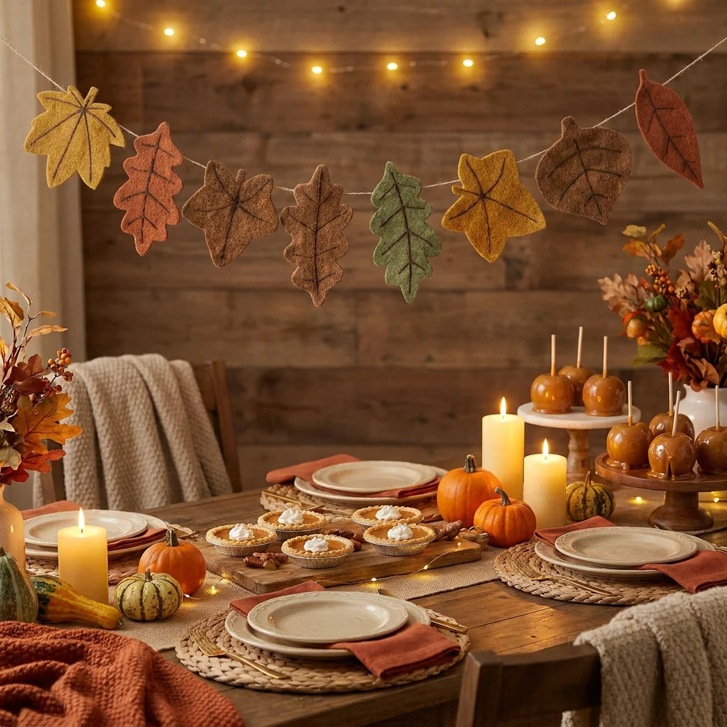 Thanksgiving Fall Maple Leaf Felt Banner – Autumn Harvest Garland for Halloween Parties, Fireplace, Wall & Home Decorations