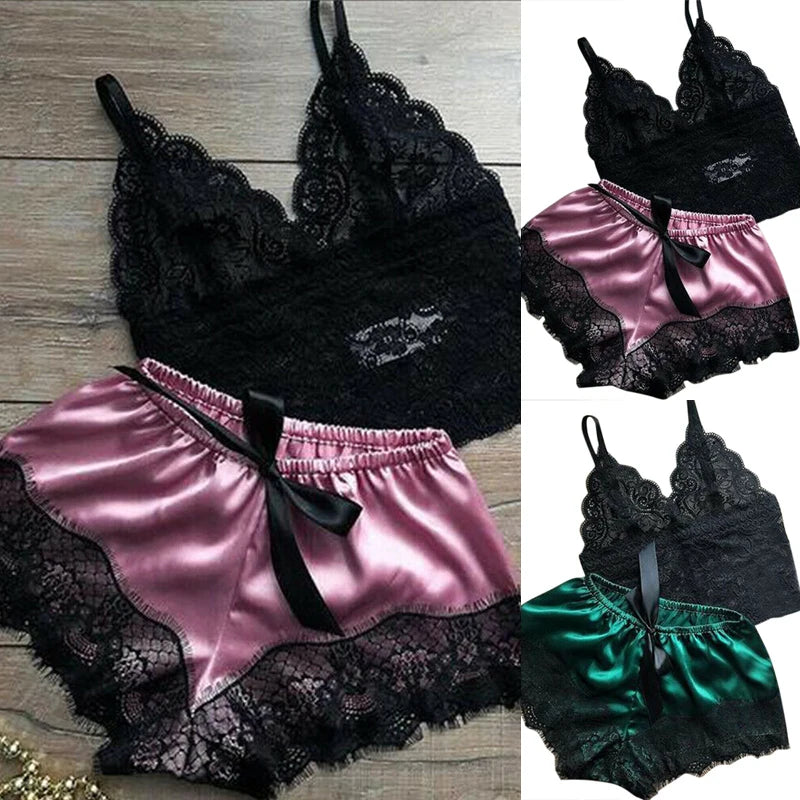 Ensemble de pyjama 2 pièces en dentelle pour femme – Caraco babydoll et short, lingerie de nuit douce