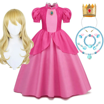 Princess Peach Cosplay Dress – Bubble Sleeve Princess Costume for Kids, Summer Halloween & Christmas Party Outfit
