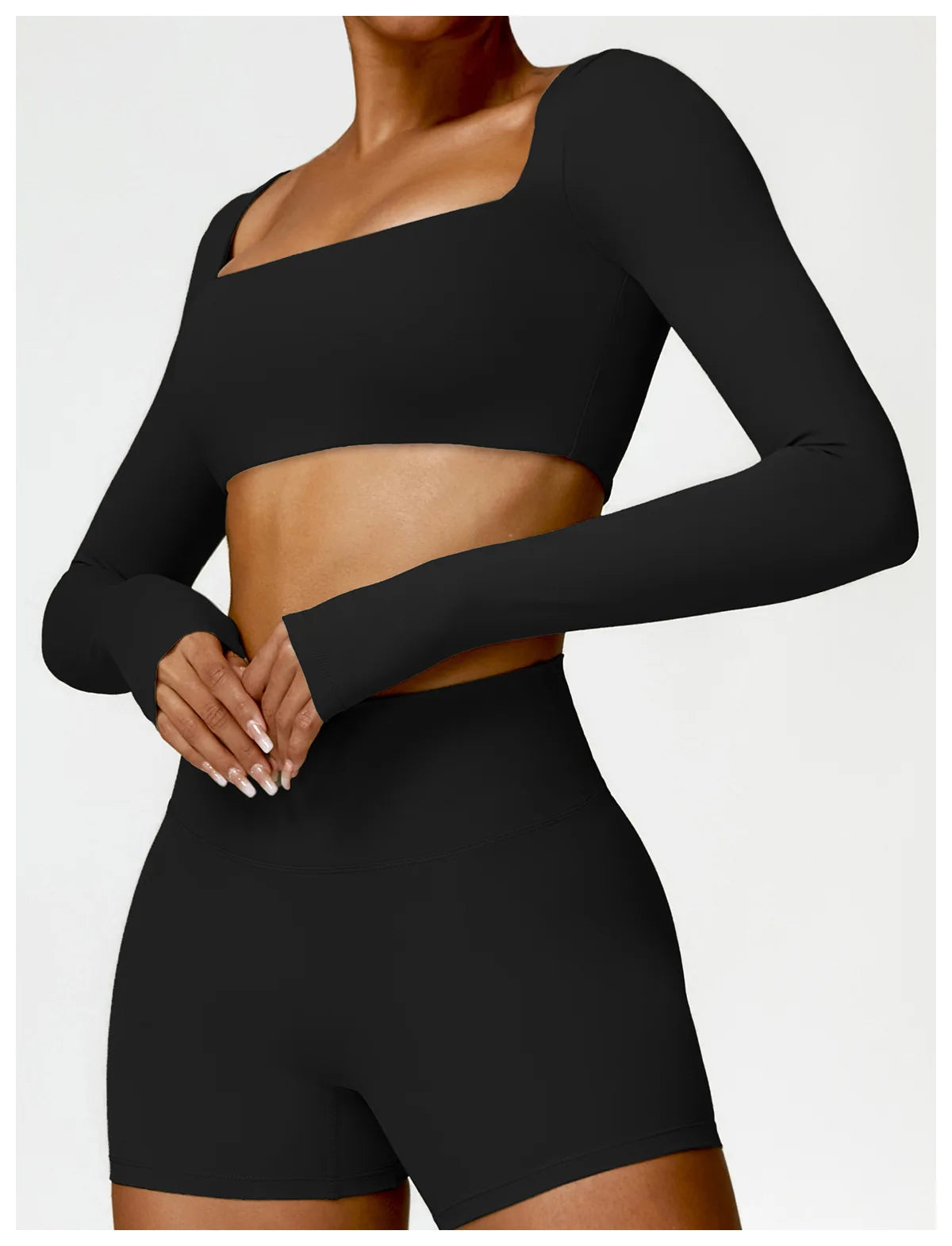 Women’s Square Neck Sports Crop Top – Long Sleeve Quick-Dry Gym Yoga Fitness Activewear