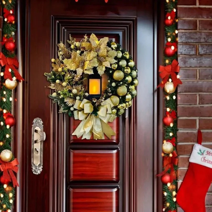 35CM Golden Christmas Wreath with Lights – Red Ball & Flower Garland Xmas Ornament for Front Door, Window & Wall Decor