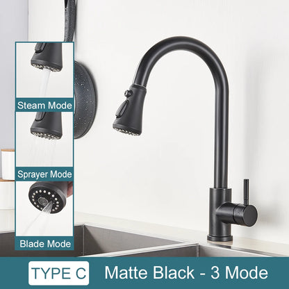 Black Kitchen Faucet – Single-Handle Pull-Out Mixer Tap with 2-Function Spray, Hot & Cold Water, Deck-Mounted Sink Faucet