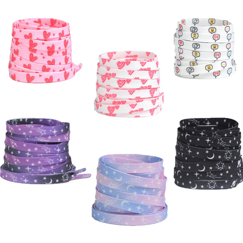 120/140/160cm Star Moon Shoelaces – Blue, Purple & Love Pattern Flat Elastic Shoe Laces for Sneakers & Casual Shoes