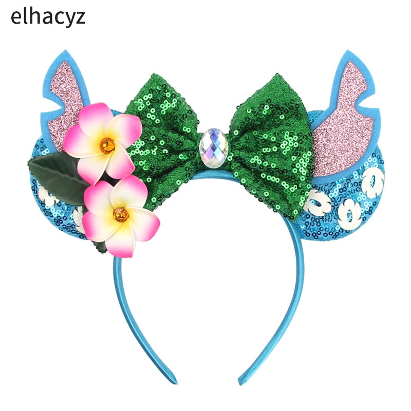 Diadema de orejas de Mickey Mouse de Lilo & Stitch – Lazo de lentejuelas de 5" Accesorio para el cabello de dibujos animados para mujeres y niñas | Diadema para fiestas y festivales