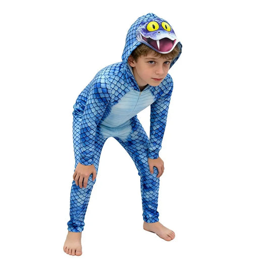 Disfraz de serpiente para cosplay – Mono con capucha de una pieza para niños y adultos, estilo de dibujos animados para Halloween, fiestas y actuaciones en el escenario