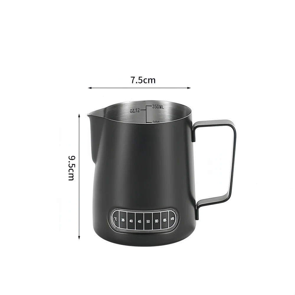 Jarra para espumar leche de café con indicador de temperatura - Jarra espumadora de leche de acero inoxidable con escala de medición para Latte Art y Espresso