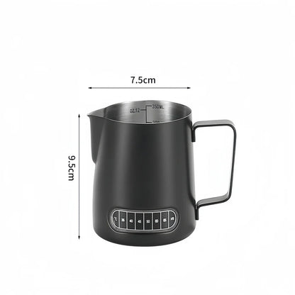 Jarra para espumar leche de café con indicador de temperatura - Jarra espumadora de leche de acero inoxidable con escala de medición para Latte Art y Espresso