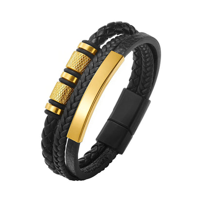Vnox Personalized Braided Leather Bracelet for Men – Custom Name Engraved Triple Woven PU Leather Wristband | Handmade Gift Jewelry