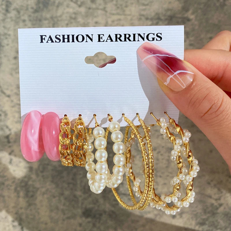 Boucles d'oreilles créoles dorées grand cercle pour femmes, ensemble bohème vintage, perle, cœur, zircon, clous, bijoux cadeau