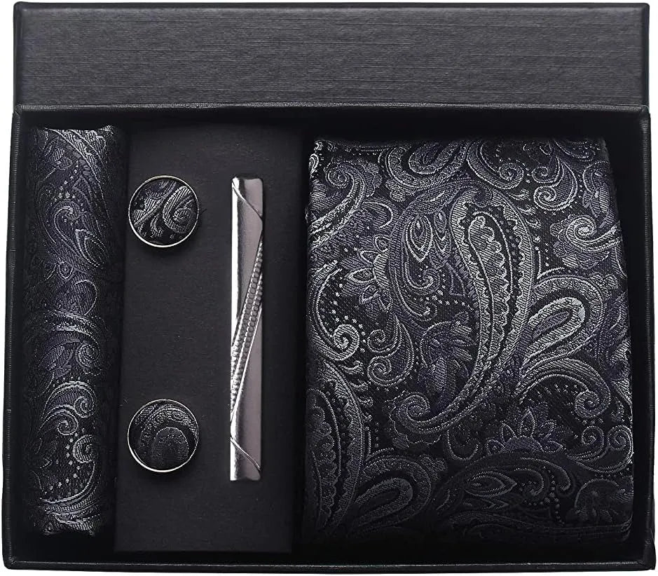 Corbata de seda 100% con diseño floral de Paisley para hombre con pañuelo de bolsillo, pasador de corbata y gemelos en caja de regalo