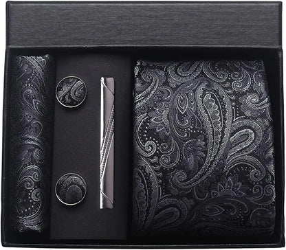 Corbata de seda 100% con diseño floral de Paisley para hombre con pañuelo de bolsillo, pasador de corbata y gemelos en caja de regalo