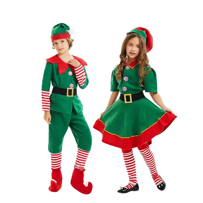 Kids Green Christmas Elf Costume Set, Boys and Girls Santa Claus Cosplay Fancy Dress, Festive Holiday Outfit for Xmas Parties, Carnival Events, Halloween and Christmas Celebrations