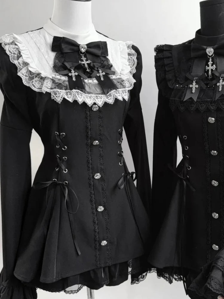 Vestido japonés Sweet Lolita Kawaii para mujer 2025, estampado de primavera, lazo, vestido falso de dos piezas, estilo coreano, ropa de fiesta