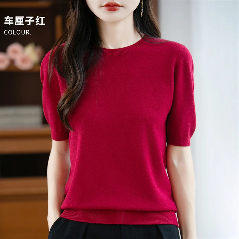 Women's 100% Wool Knitted Sweater – O-Neck Short-Sleeve Pullover, Warm Basic Casual Top for Fall & Winter, Available in 22 Colors