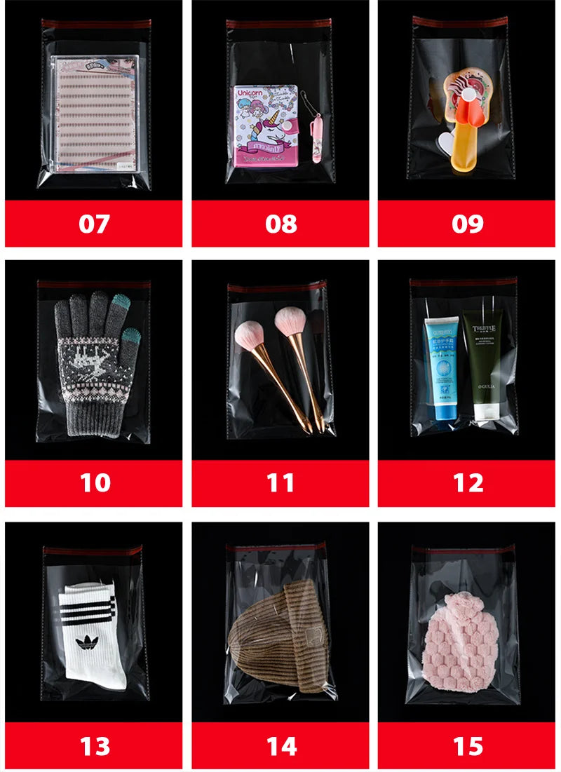 100 sacs auto-adhésifs transparents en OPP – Sachets d'emballage en plastique refermables pour vêtements, bijoux, biscuits, bonbons et emballage cadeau