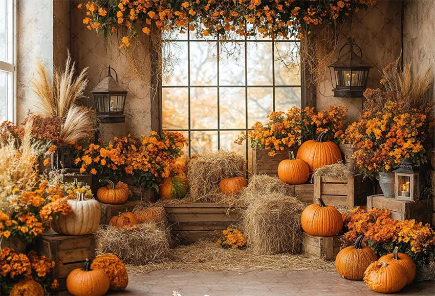 Mehofond Fall Autumn Harvest Photography Backdrop – Rustic Barn Hay & Pumpkin Background for Kids’ Birthday, Portrait, Photo Studio & Party Decor