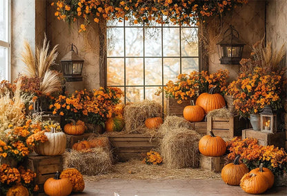 Mehofond Fall Autumn Harvest Photography Backdrop – Rustic Barn Hay & Pumpkin Background for Kids’ Birthday, Portrait, Photo Studio & Party Decor