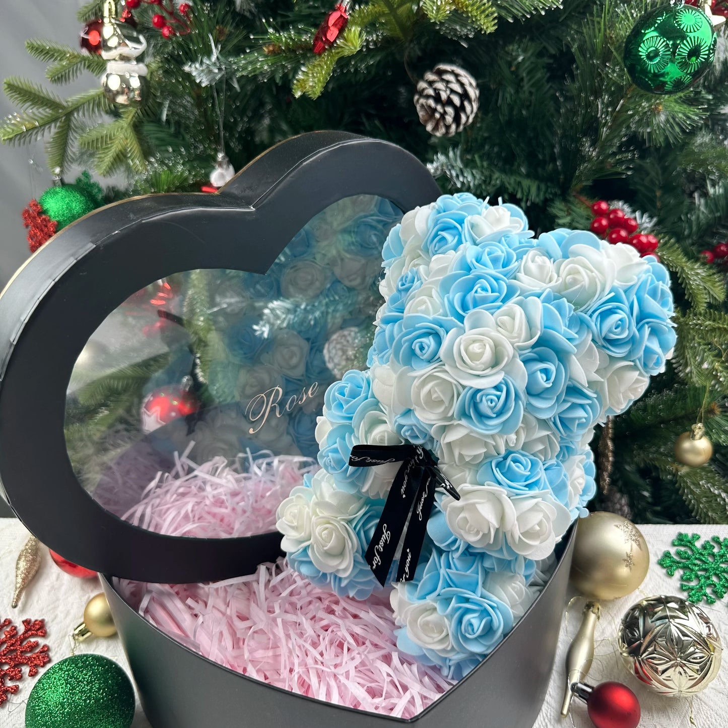 Oso de rosas artificiales de 25 cm con caja de regalo – Regalo romántico para ella en San Valentín, aniversario y boda