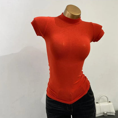 Half High Collar Korean T-Shirt – Transparent Short Sleeve Slim Fit Elastic Inner Top, Solid Color Bottoming Shirt for Women, Stylish Layering & Fashion Casual Wear