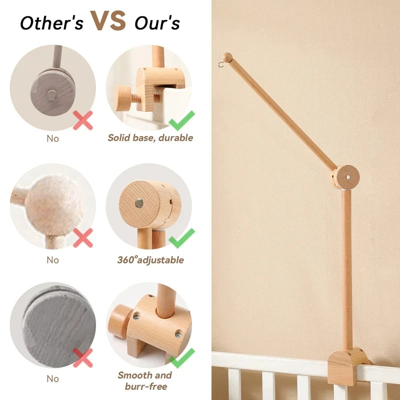 Baby Wooden Bed Bell Bracket – Newborn Crib Mobile Stand for 0-12 Months, Wooden Hanging Toy Holder with Crochet Bed Bell Rattle, Infant Nursery Decoration & Sensory Baby Toy Accessory