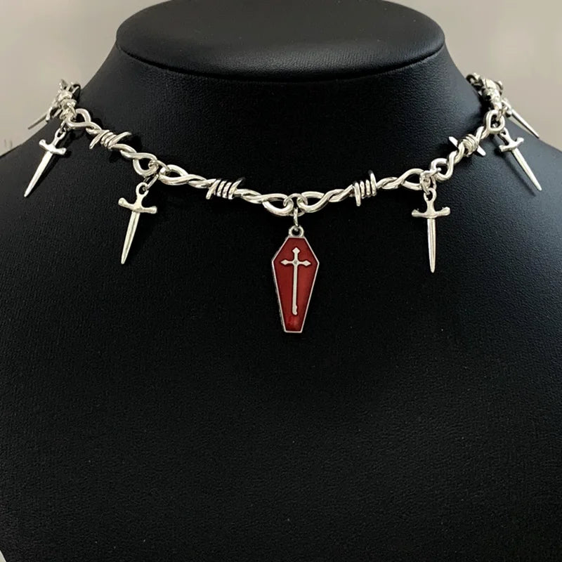 Gothic Bloody Coffin Pendant Choker Necklace – Oil-Drop Vampire Little Thorns Chain, Punk Hip Hop Y2K Jewelry & Alternative Gift