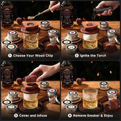 Cocktail Smoker Kit with Apple, Cherry, Oak & Pecan Wood Chips – Whiskey Drink Smoker with Wooden Smoking Hood for Bar & Kitchen
