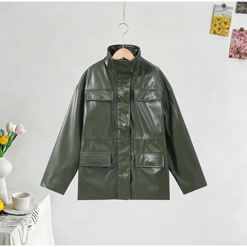 Women’s PU Leather Jacket – Long-Sleeve Stand Collar Zip-Up Coat, Casual Streetwear Outerwear for Autumn & Winter