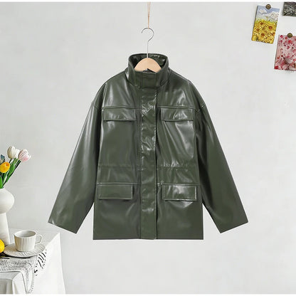 Women’s PU Leather Jacket – Long-Sleeve Stand Collar Zip-Up Coat, Casual Streetwear Outerwear for Autumn & Winter