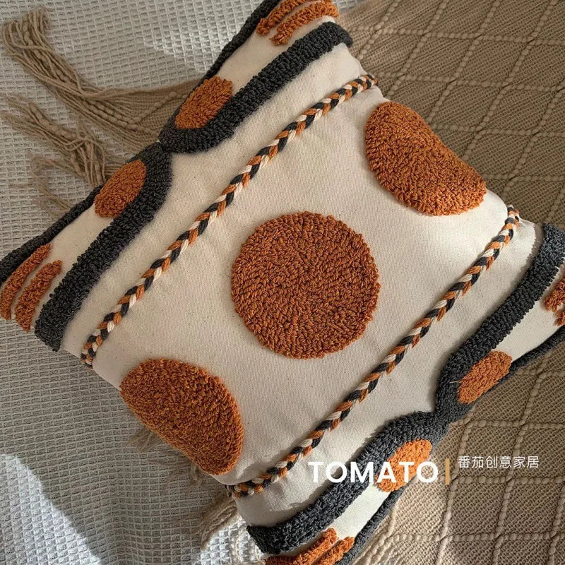 Boho Embroidered Throw Pillow Cover - Geometric Tassel Cushion Cover for Sofa, Living Room & Home Decor