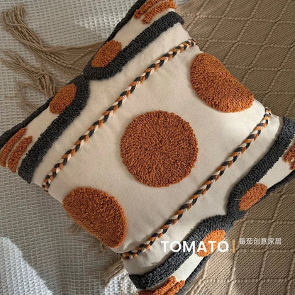 Boho Embroidered Throw Pillow Cover - Geometric Tassel Cushion Cover for Sofa, Living Room & Home Decor