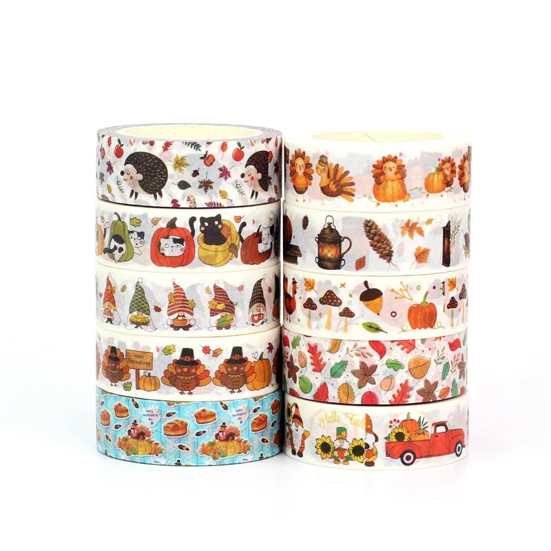 1PC 10M Fall Washi Tape – Pumpkin, Maple Leaves, Corn, Turkey & Sunflower Decorative Masking Tape for Scrapbooking, Planners & Stationery