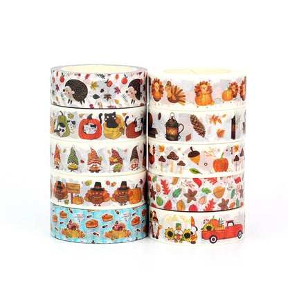 1PC 10M Fall Washi Tape – Pumpkin, Maple Leaves, Corn, Turkey & Sunflower Decorative Masking Tape for Scrapbooking, Planners & Stationery