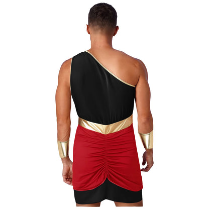 Men’s Ancient Greek & Egyptian Pharaoh Cosplay Costume – Metallic Shiny Toga Robe with Sleeves for Halloween & Roleplay