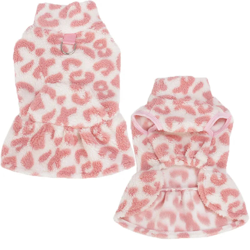 Leopard Print Dog Dress – Warm Fleece Hooded Pullover Coat & Sleeveless Vest for Small Dogs, Cozy Winter Puppy Clothing for Chihuahuas
