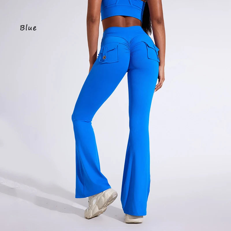 DIAS FIT JOY Pantalon de yoga évasé taille haute pour femme – Legging patte d'éléphant push-up avec poches, pantalon d'entraînement à séchage rapide pour la course, la gym, le fitness et l'exercice