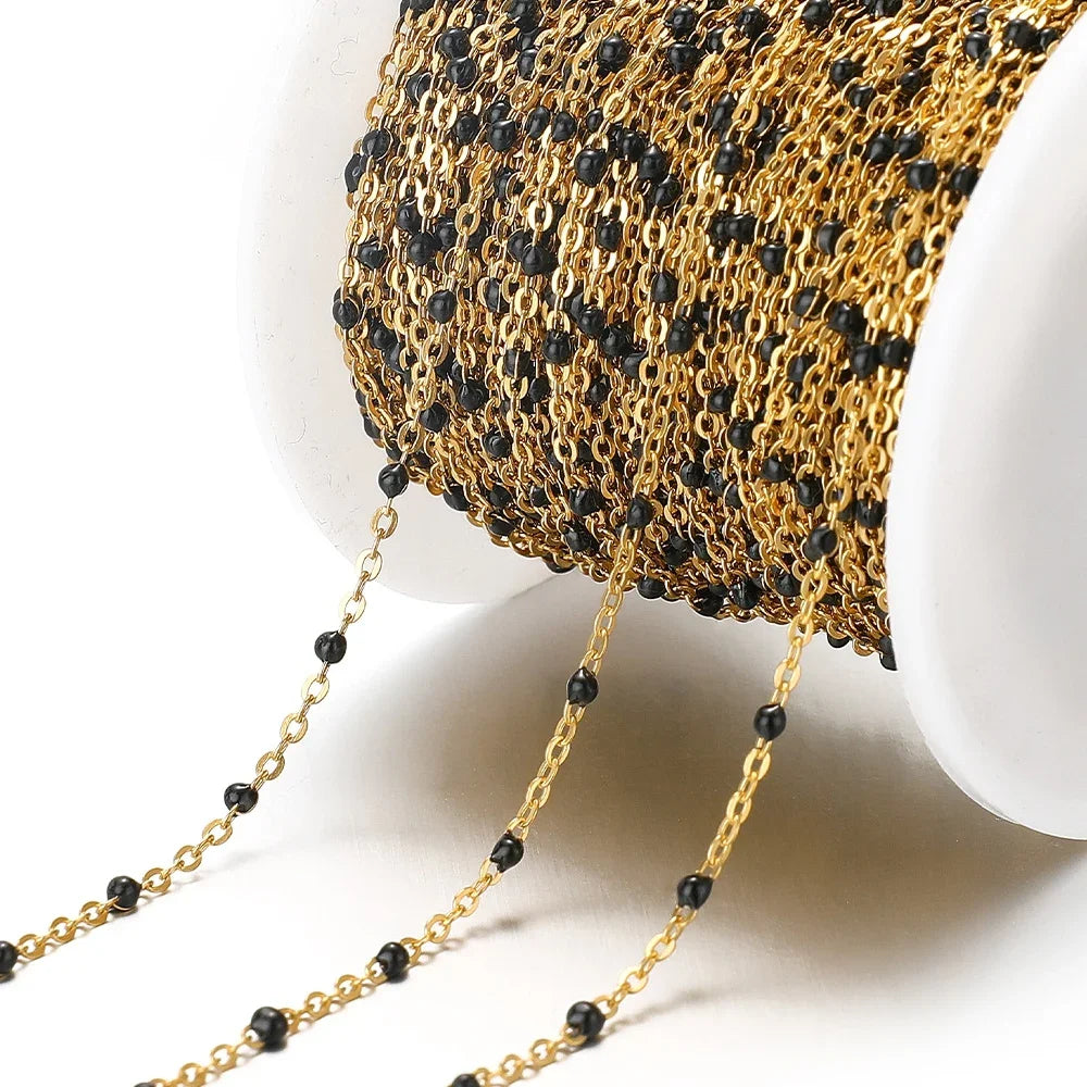 Cadena de eslabones de cuentas de esmalte dorado de acero inoxidable de 2M – Cadena DIY de aceite de goteo para collares, pulseras y suministros de fabricación de joyas