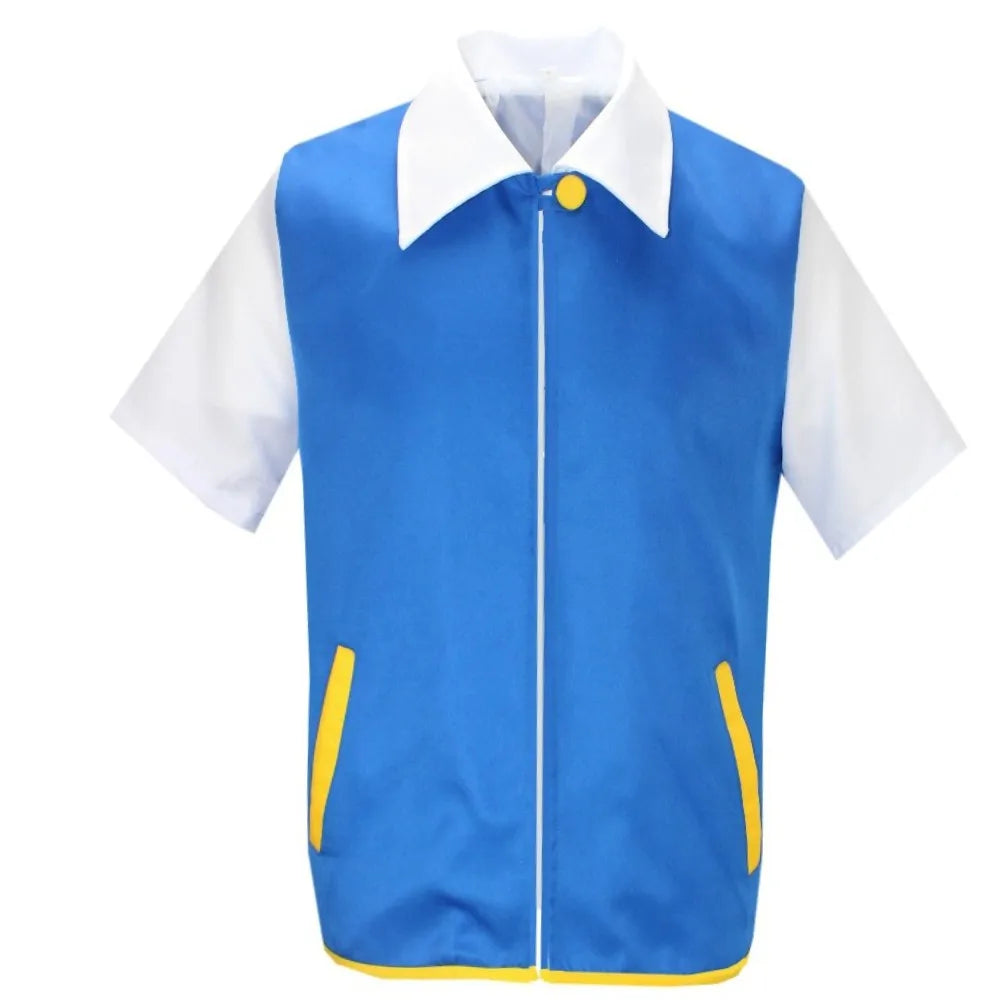 Pokémon Ash Ketchum Inspired Cosplay Costume – Unisex Trainer Outfit Set for Boys & Girls with Jacket, Pants, Hat & Accessories for Halloween, Convention & Roleplay Events