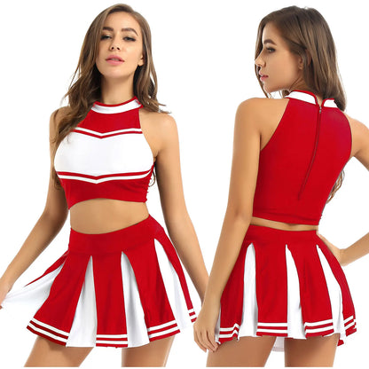 Women’s Cheerleader Cosplay Costume – Uniform Set (Crop Top + Mini Pleated Skirt, Carnival Outfit)