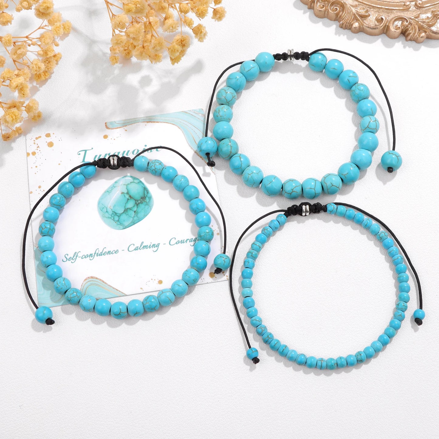 Bracelet perles de tourmaline noire naturelle – Bracelet ajustable tressé en corde avec carte cadeau pour hommes et femmes