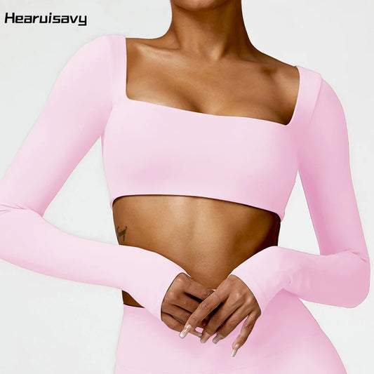 Top Corto Deportivo de Manga Larga con Cuello Cuadrado para Mujer – Ropa Deportiva de Secado Rápido para Gimnasio, Yoga, Fitness