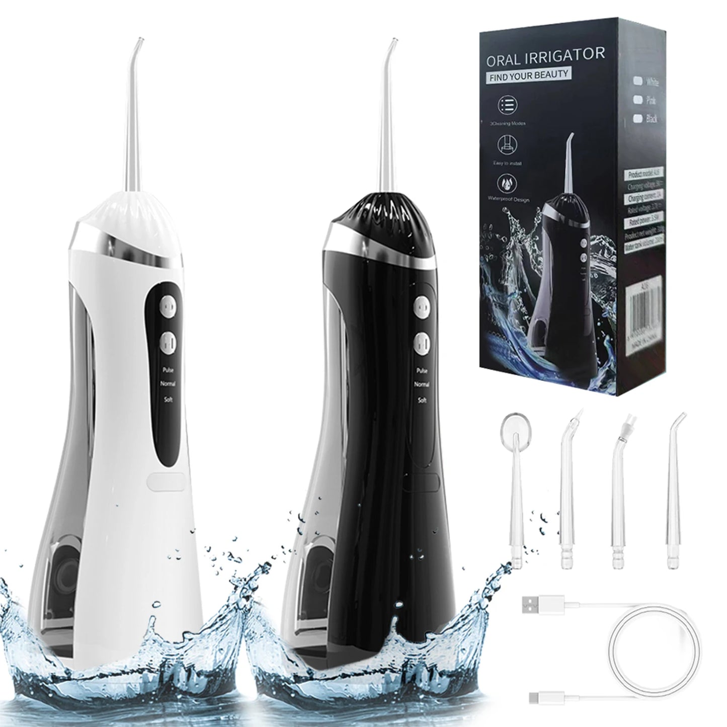Irrigador bucal portátil USB recargable – Irrigador bucal impermeable IP65 con 3 modos de limpieza y 4 boquillas