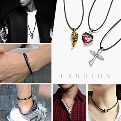 Cordón de collar de cuero trenzado negro genuino con broche de acero inoxidable - Cadena de colgante DIY para hacer joyas para hombres y mujeres