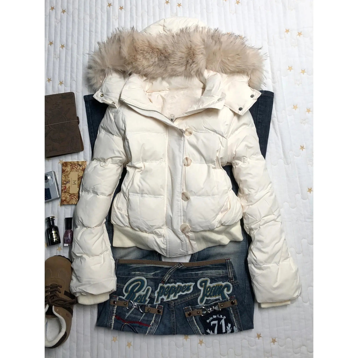 Women's American Retro Hooded Cotton-Padded Winter Coat Faux Fur Collar Solid Color Warm Insulated Jacket Loose Fit Casual Outerwear