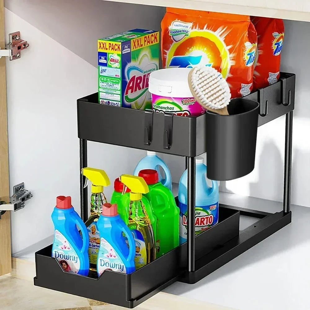 2-Tier Kitchen Sink Organizer – Sliding Cabinet Basket with Hooks & Cups for Space-Saving Storage